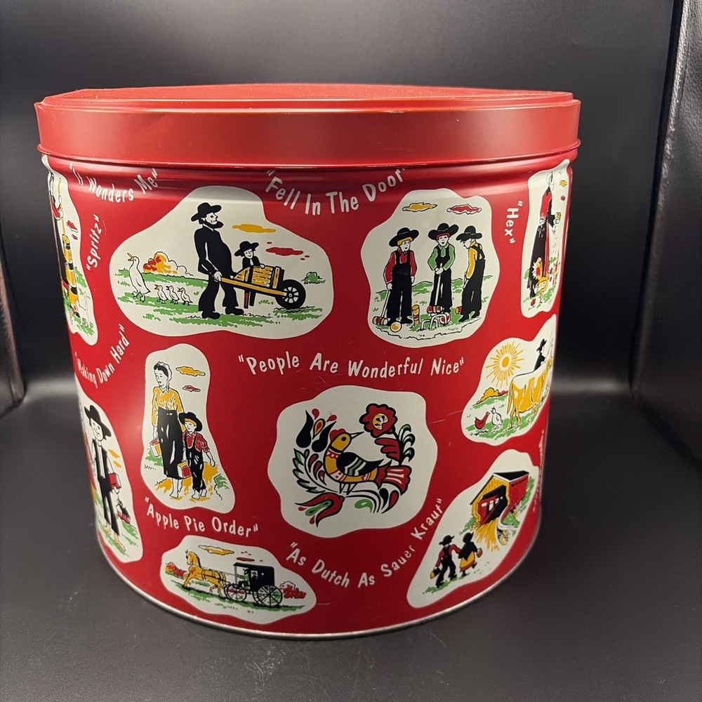 Pretzel Tin & Tray Dutch Red Vtg Farmhouse Boho Cottage Amish Storage Container